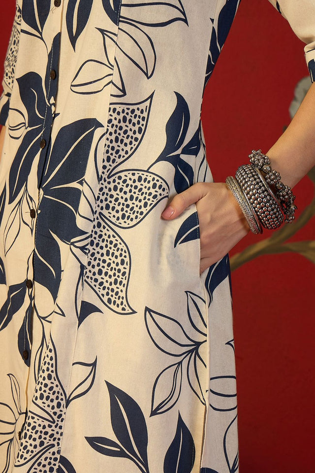 Off White Floral Printed Cotton Free Size Stitched Long Kurti (52559)