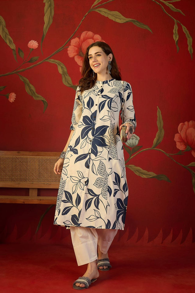 Off White Floral Printed Cotton Free Size Stitched Long Kurti (52559)