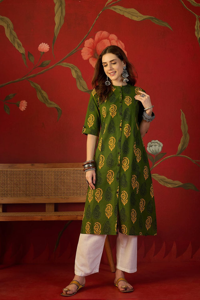 Green Printed Cotton Free Size Stitched Long Kurti (52561)