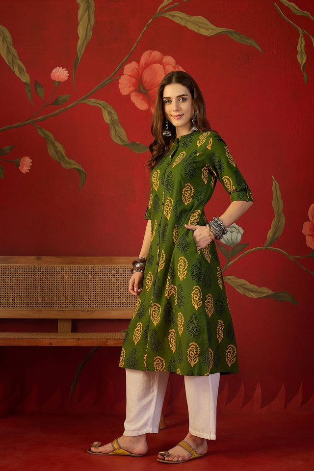 Green Printed Cotton Free Size Stitched Long Kurti (52561)