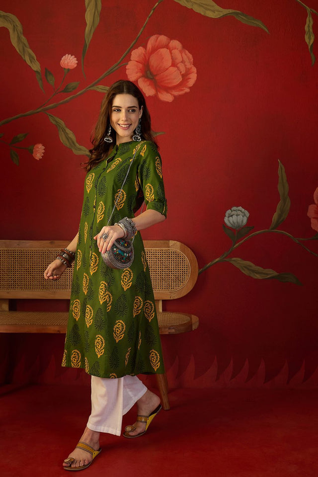 Green Printed Cotton Free Size Stitched Long Kurti (52561)