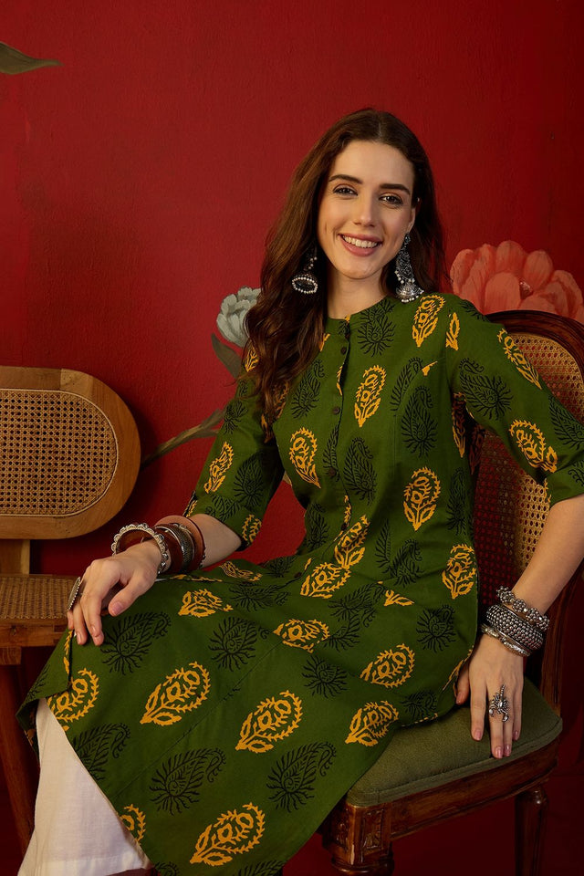 Green Printed Cotton Free Size Stitched Long Kurti (52561)