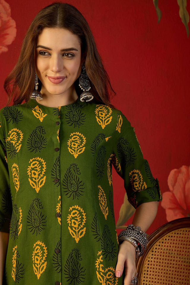 Green Printed Cotton Free Size Stitched Long Kurti (52561)