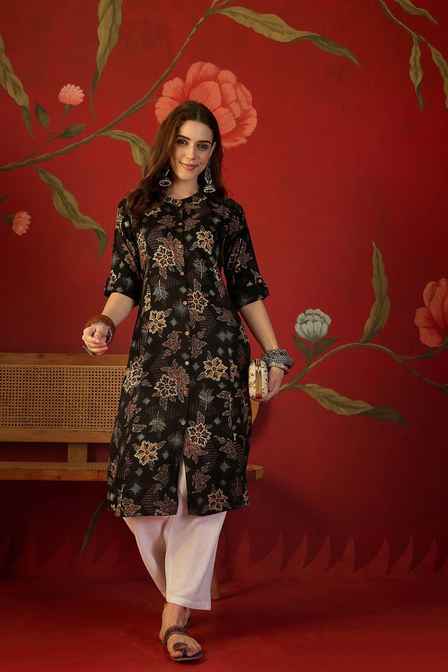 Black Floral Printed Rayon Free Size Stitched Long Kurti (52562)