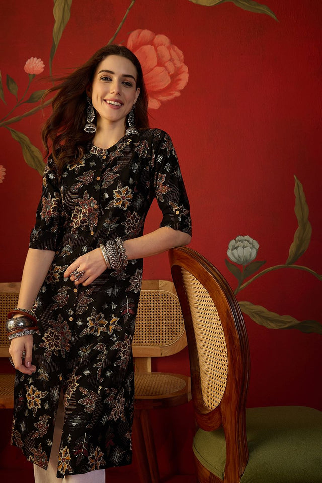 Black Floral Printed Rayon Free Size Stitched Long Kurti (52562)