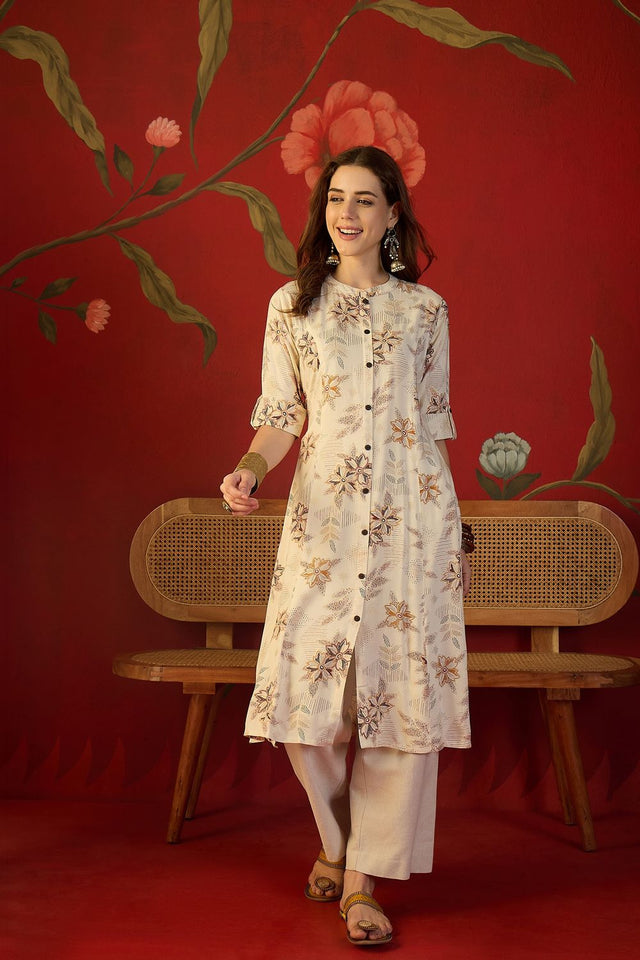 Off White Floral Printed Rayon Free Size Stitched Long Kurti (52563)