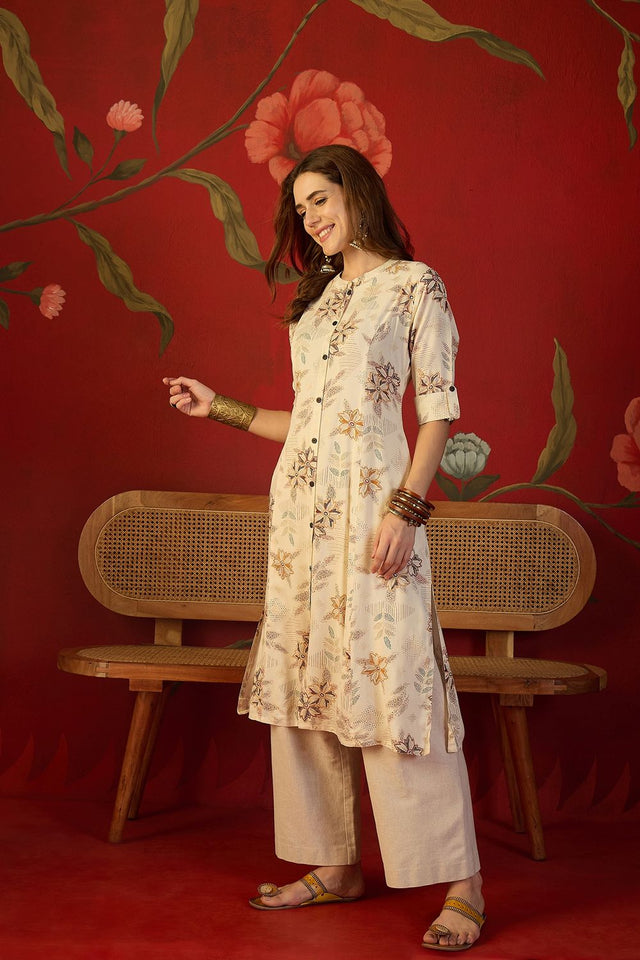 Off White Floral Printed Rayon Free Size Stitched Long Kurti (52563)