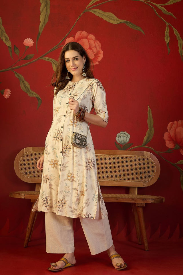 Off White Floral Printed Rayon Free Size Stitched Long Kurti (52563)