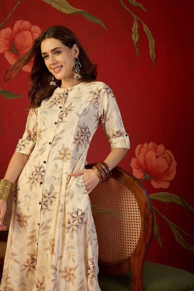Off White Floral Printed Rayon Free Size Stitched Long Kurti (52563)