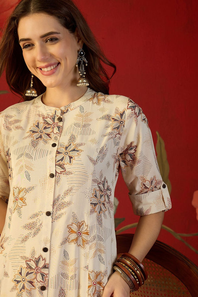 Off White Floral Printed Rayon Free Size Stitched Long Kurti (52563)