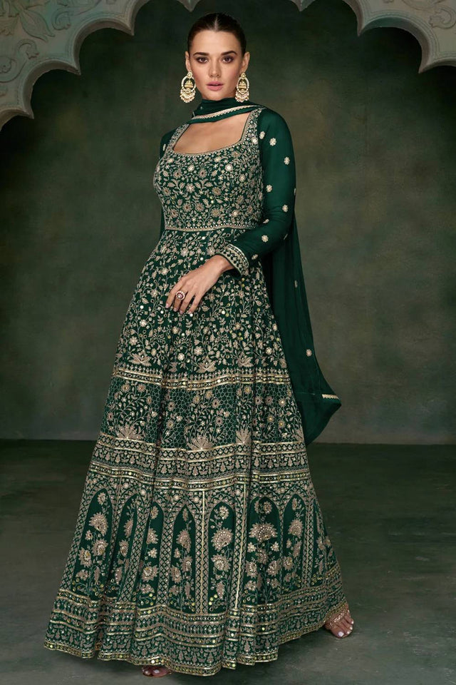 Green Sequin with Floral Embroidered Georgette Gown