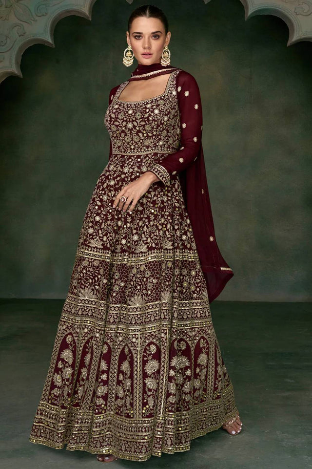 Maroon Sequin with Floral Embroidered Georgette Gown