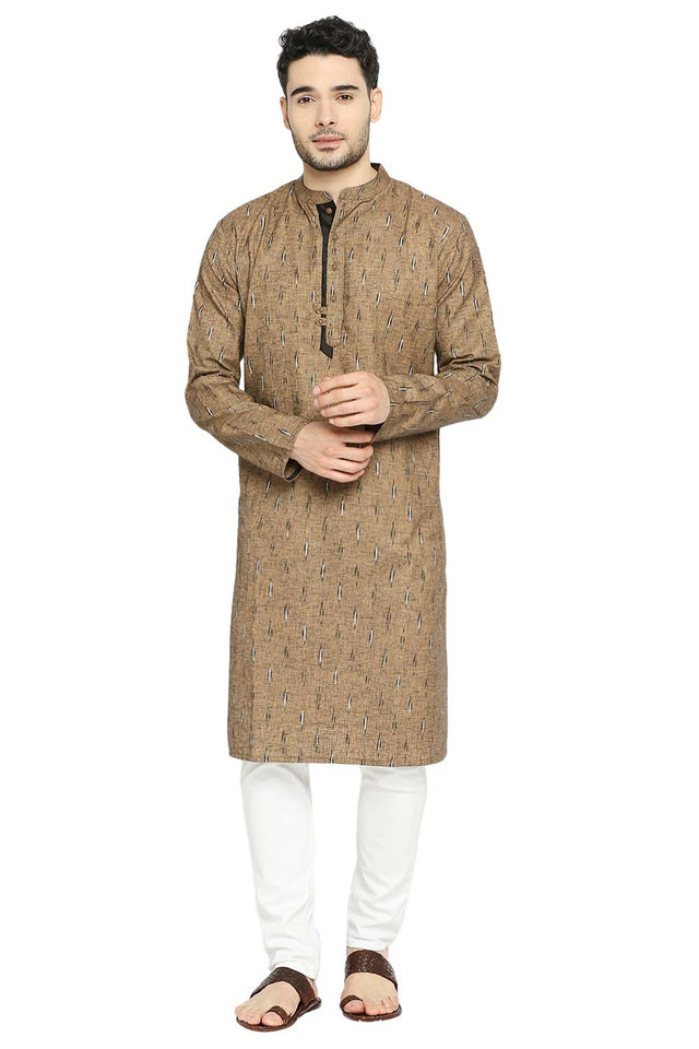 Men's Brown Poly Cotton Mandarin Collar Long Kurta (540604)