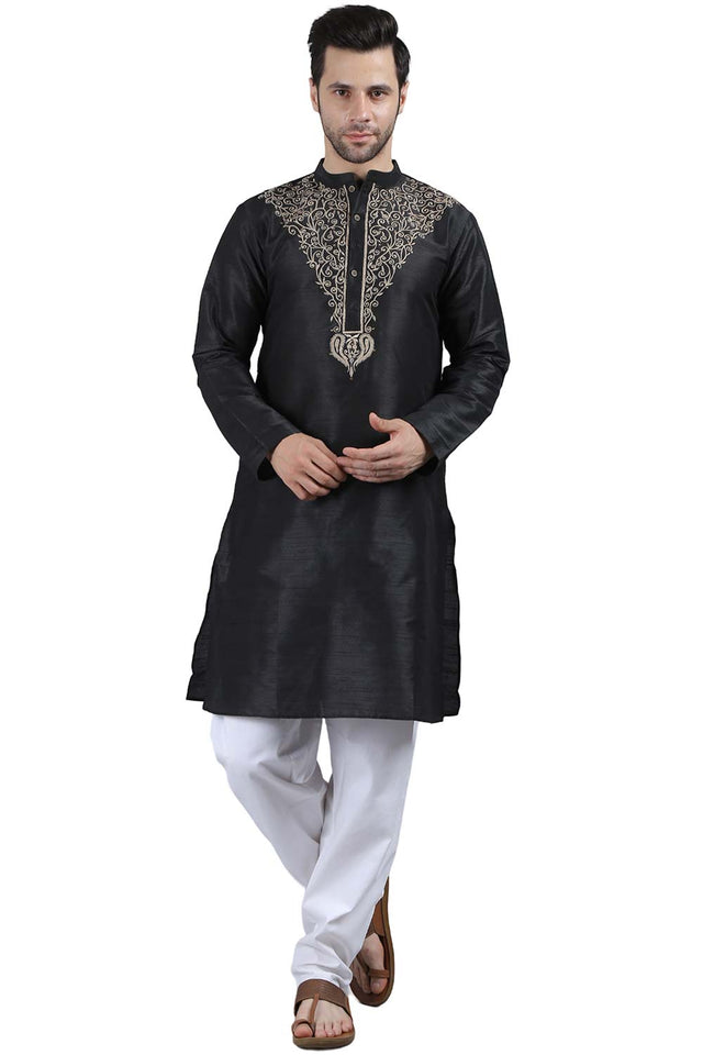 Men's Black Cotton Mandarin Collar Long Kurta