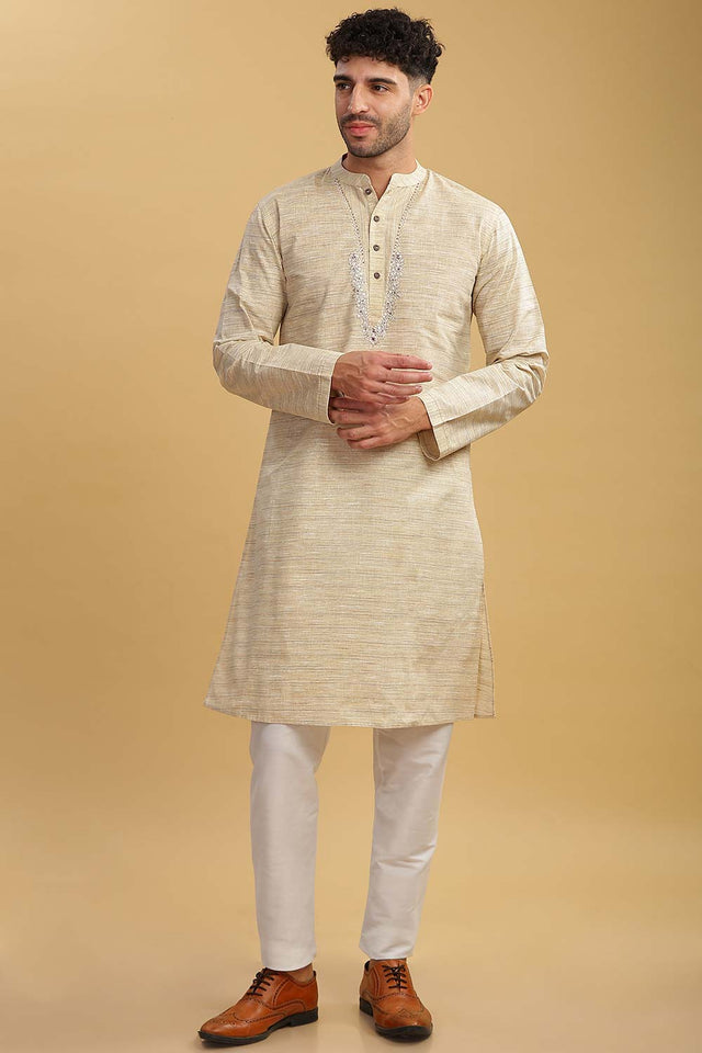 Men's Beige Poly Cotton Mandarin Collar Long Kurta