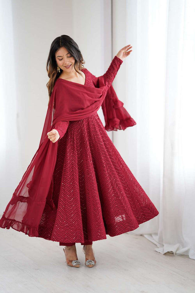 Maroon Sequin Georgette Anarkali Suit Set