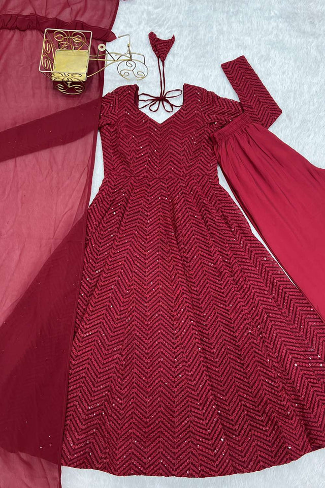 Maroon Sequin Georgette Anarkali Suit Set