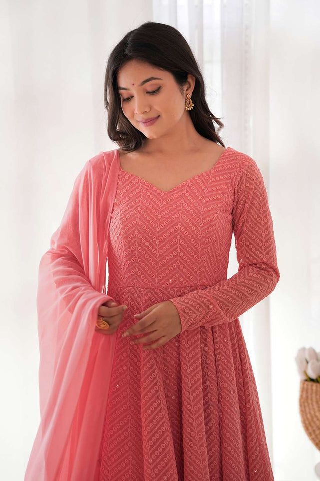 Peach Sequin Georgette Anarkali Suit Set
