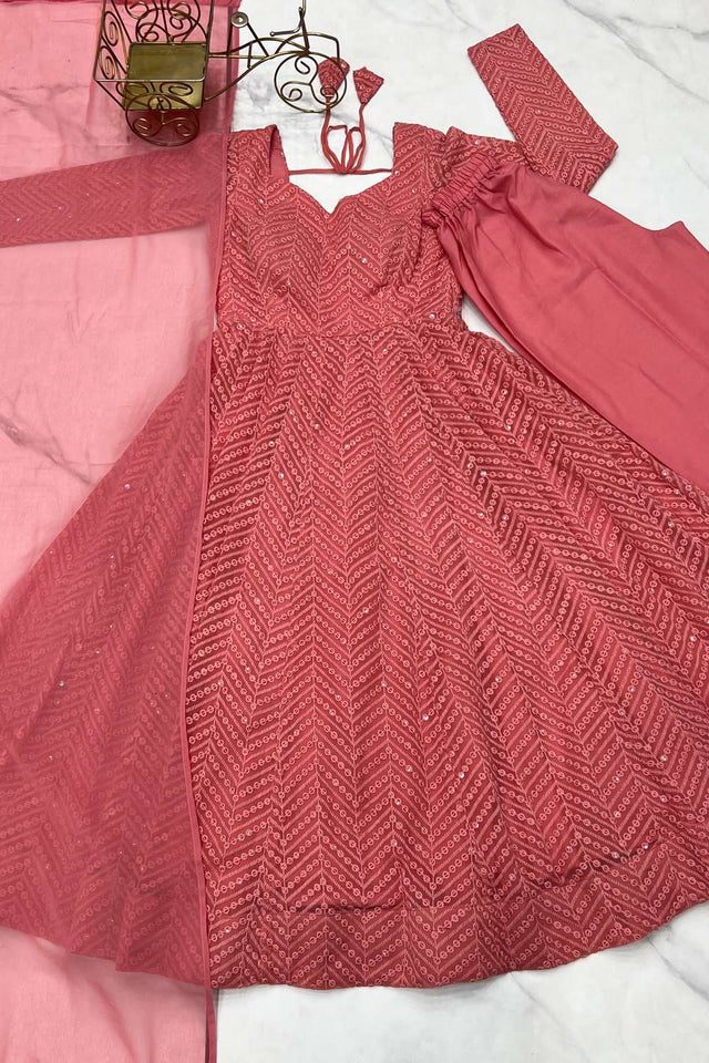Peach Sequin Georgette Anarkali Suit Set