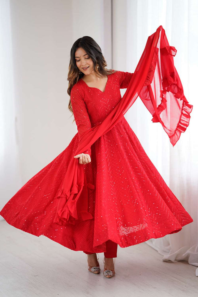 Red Sequin Georgette Anarkali Suit Set