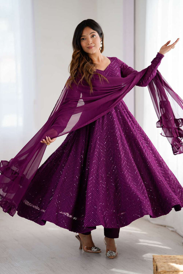 Wine Sequin Georgette Anarkali Suit Set