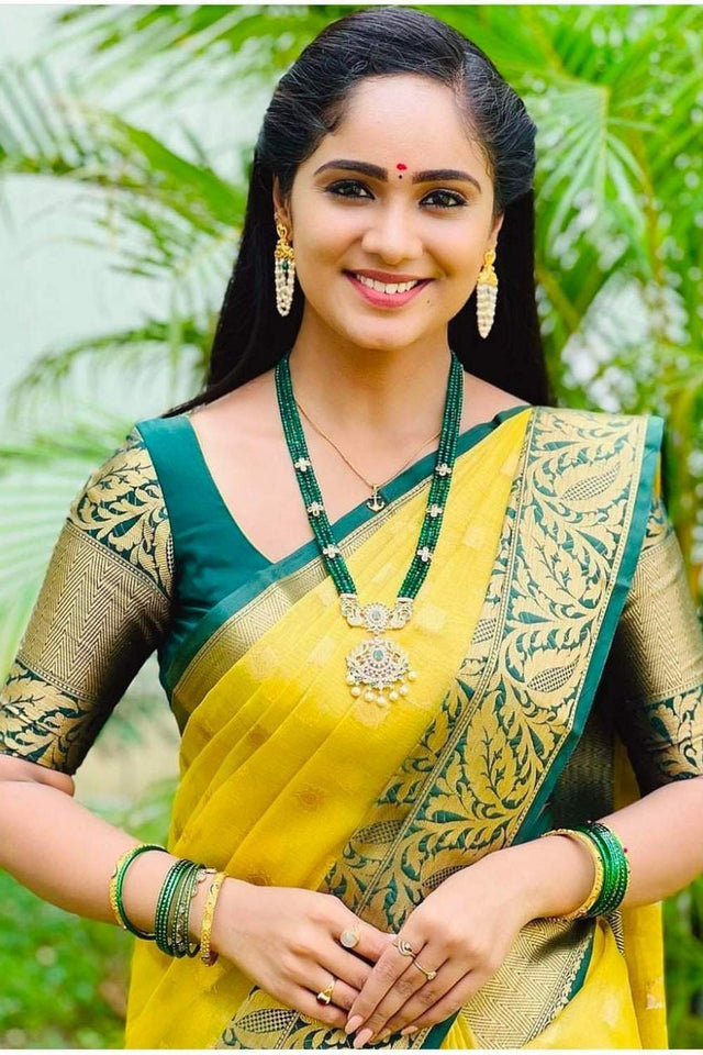 Yellow Banarasi Woven Soft Silk Saree (55106)