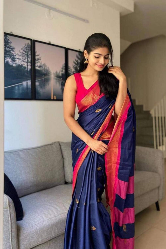 Blue Banarasi Woven Soft Silk Saree (55108_2)