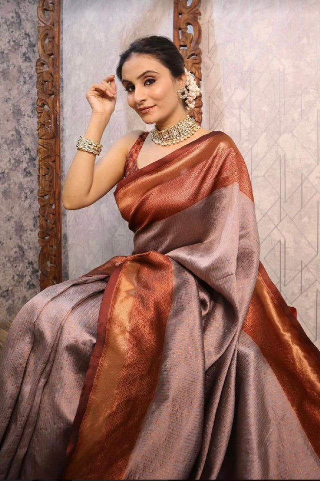 Grey Banarasi Woven Soft Silk Saree (55115)