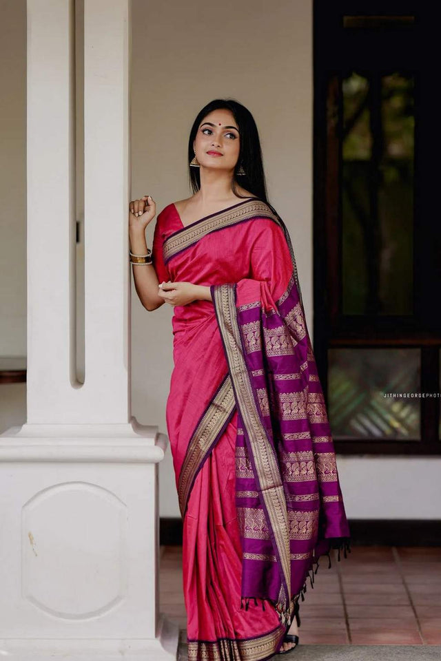 Pink Banarasi Woven Soft Silk Saree (55127_5)