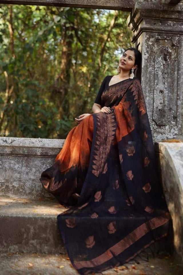 Black Banarasi Woven Soft Silk Saree (55136)
