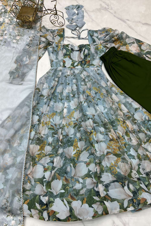 Green Floral Printed Organza Anarkali Suit Set