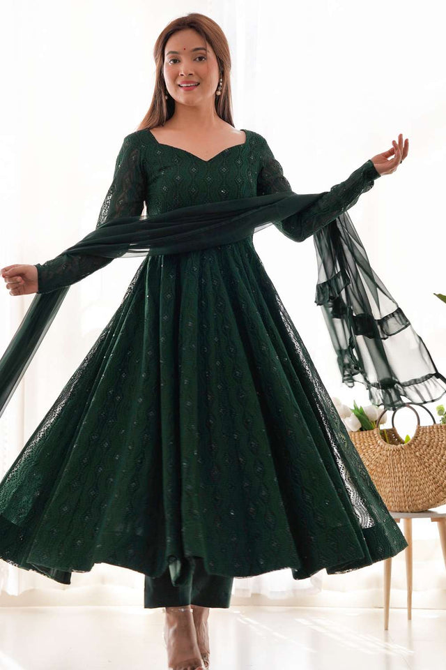 Dark Green Sequin With Embroidered Georgette Anarkali Suit Set