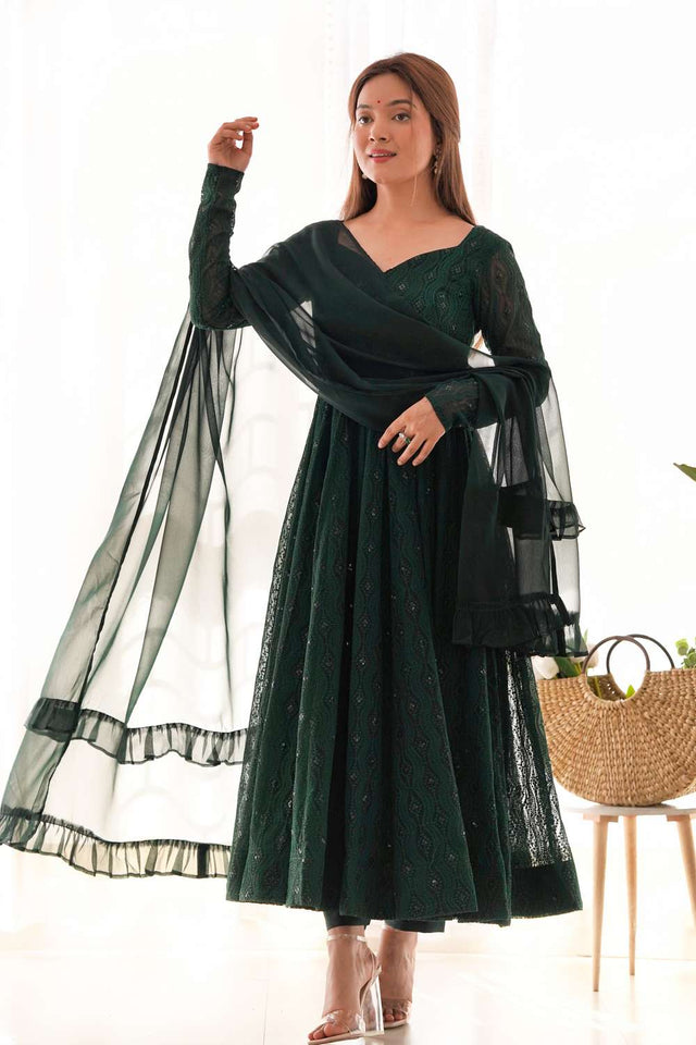 Dark Green Sequin With Embroidered Georgette Anarkali Suit Set