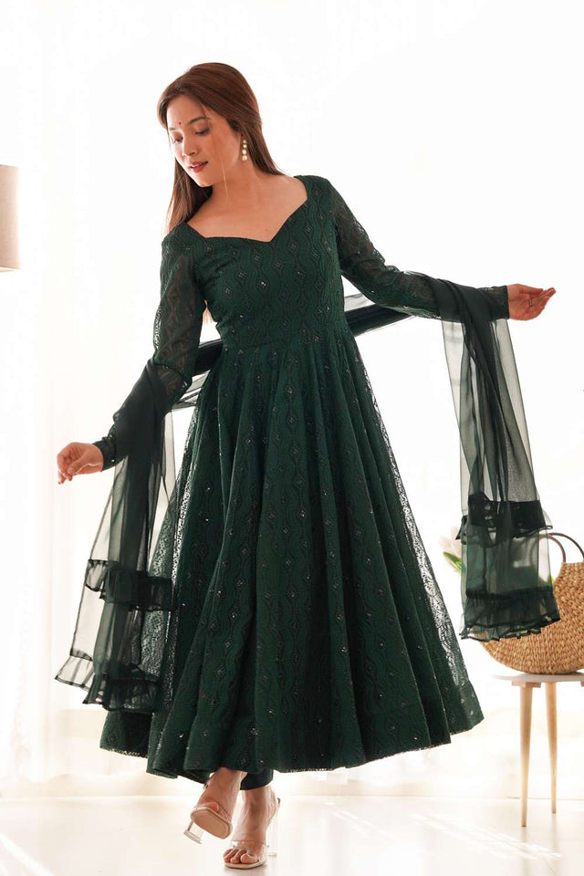 Dark Green Sequin With Embroidered Georgette Anarkali Suit Set