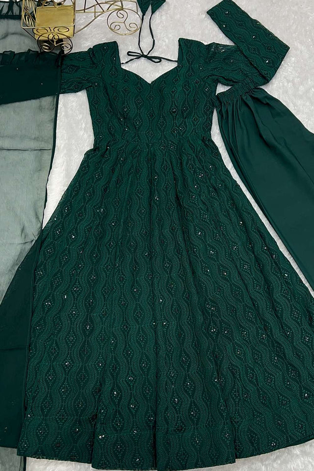 Dark Green Sequin With Embroidered Georgette Anarkali Suit Set