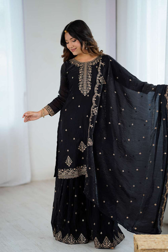 Black Sequin With Embroidered Silk Sharara Suit Set