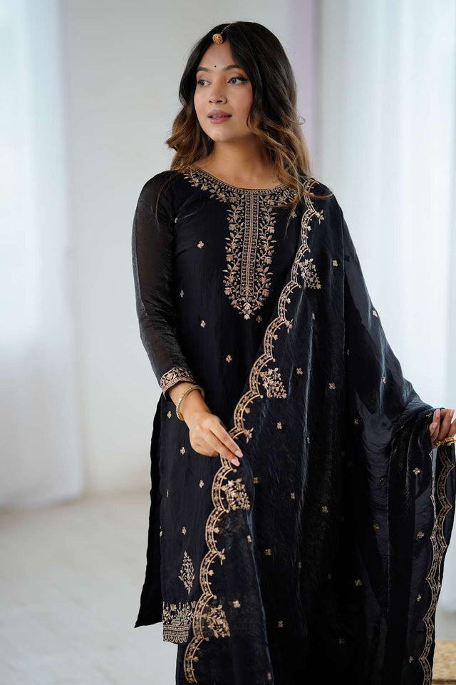 Black Sequin With Embroidered Silk Sharara Suit Set