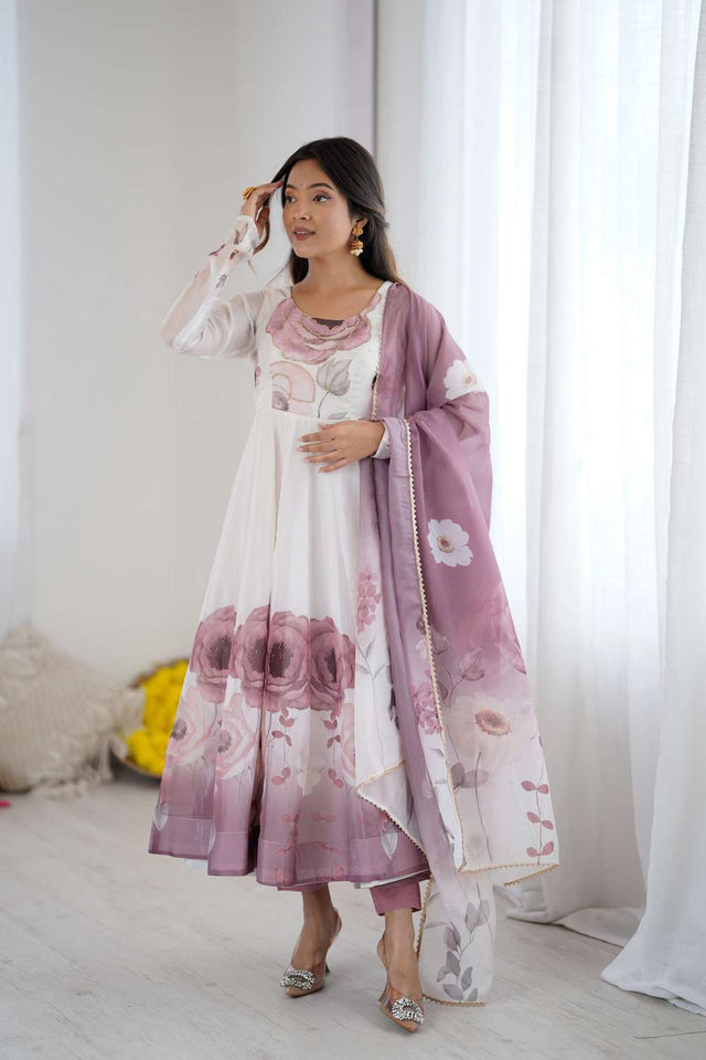 Multi Color Floral Printed Organza Anarkali Suit Set