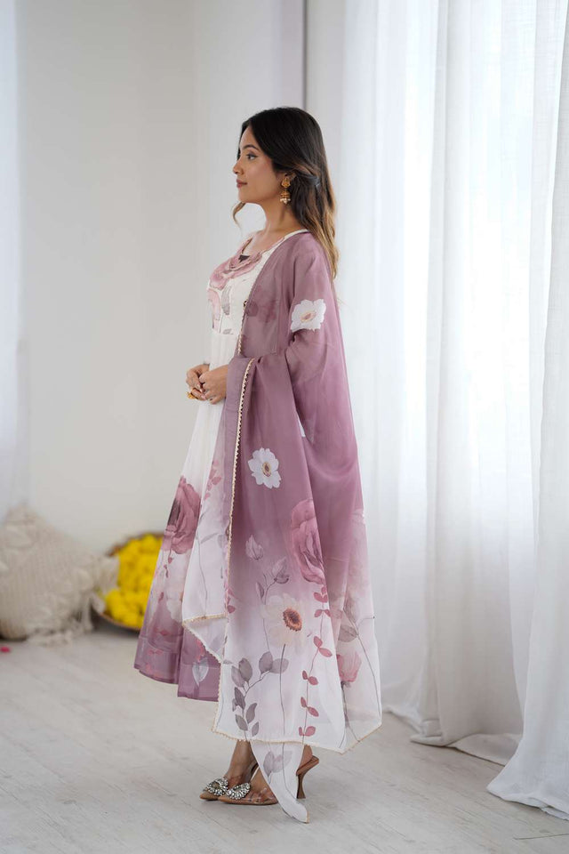 Multi Color Floral Printed Organza Anarkali Suit Set