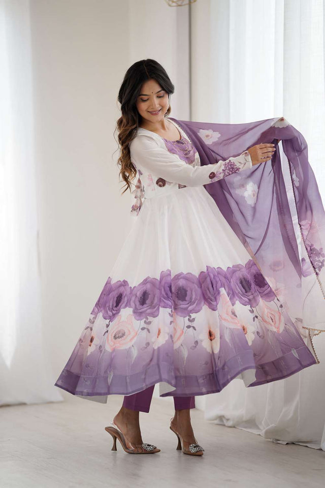 Multi Color Floral Printed Organza Anarkali Suit Set