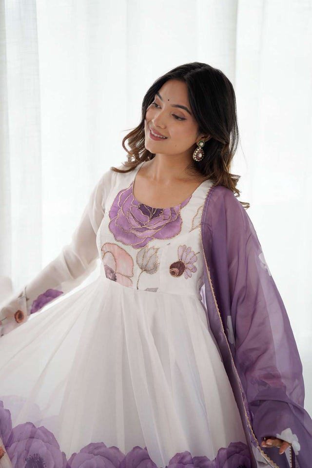 Multi Color Floral Printed Organza Anarkali Suit Set