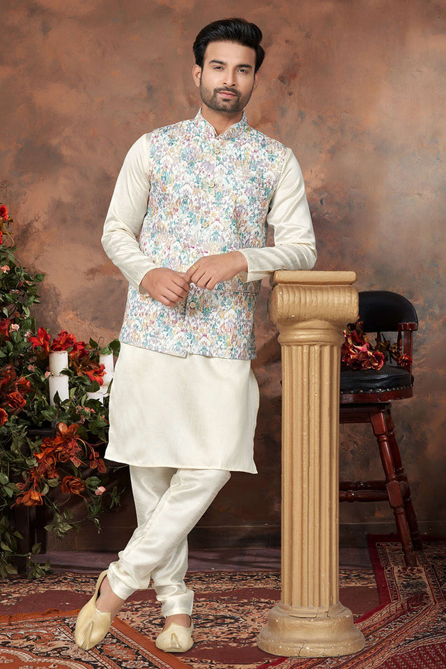 Multi-Color Floral Printed Mastani Silk Kurta Pajama Koti Set