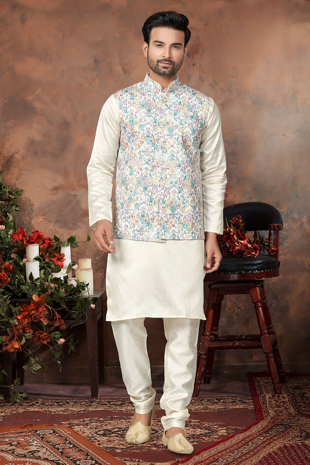 Multi-Color Floral Printed Mastani Silk Kurta Pajama Koti Set