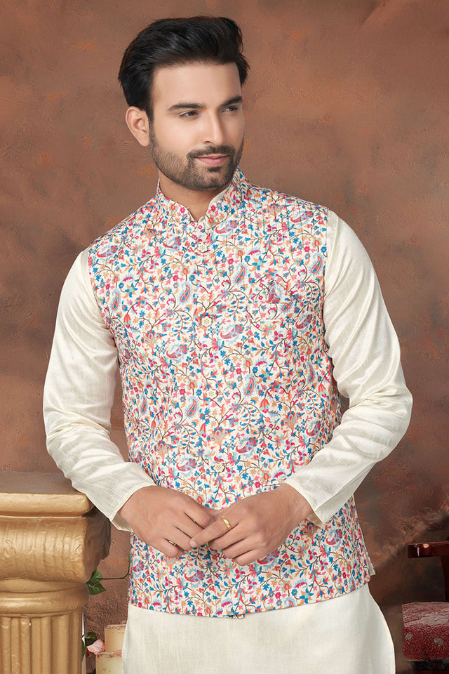 Multi-Color Floral Printed Mastani Silk Kurta Pajama Koti Set