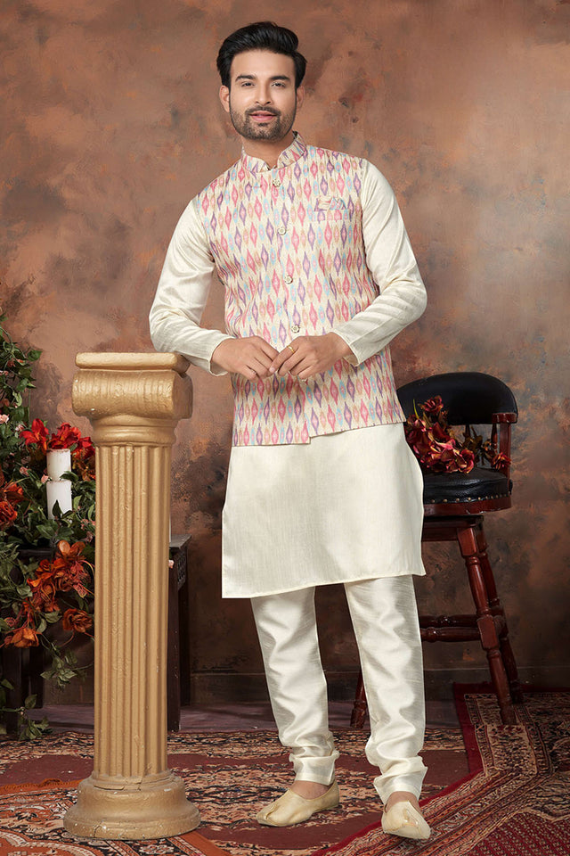 Multi-Color Printed Mastani Silk Kurta Pajama Koti Set