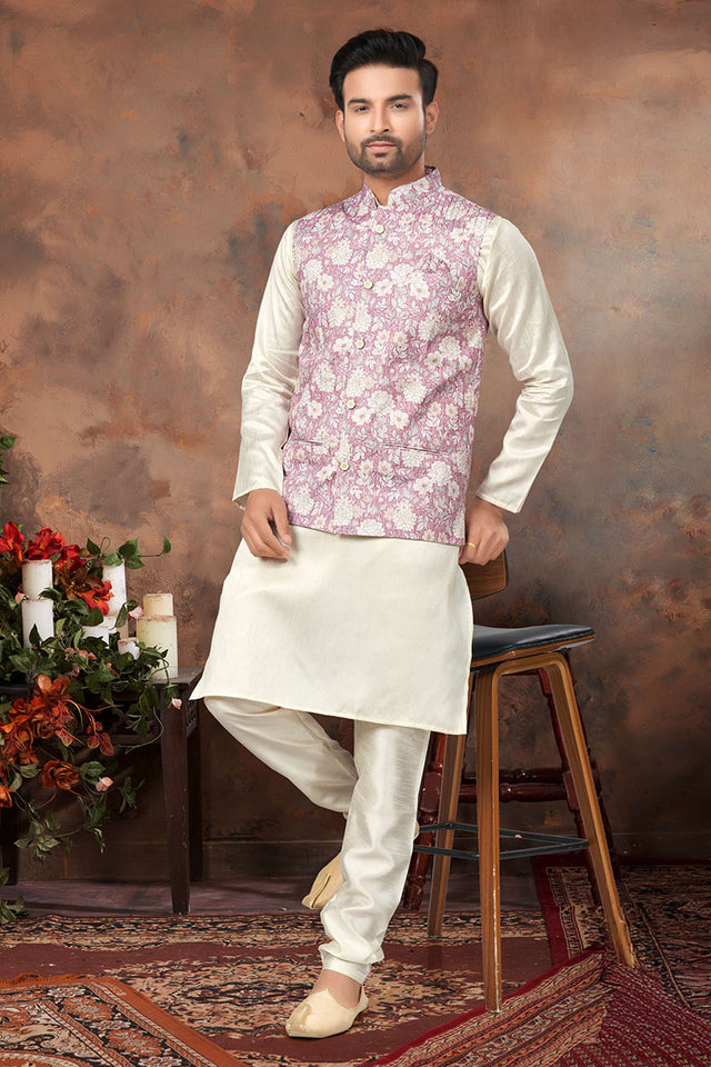 Pink Floral Printed Mastani Silk Kurta Pajama Koti Set