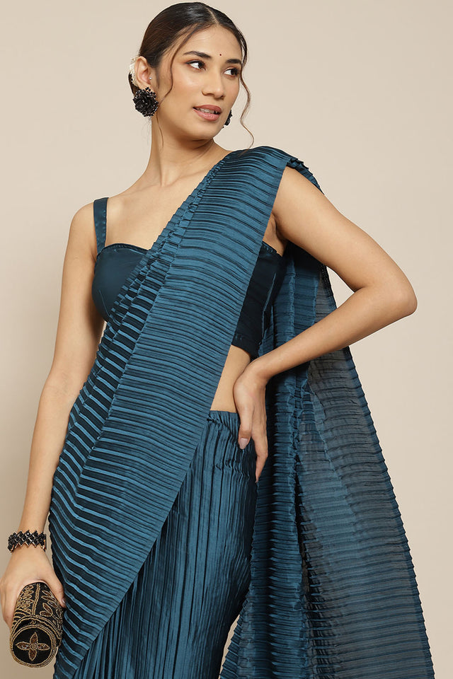 Turquoise Solid Silk Saree