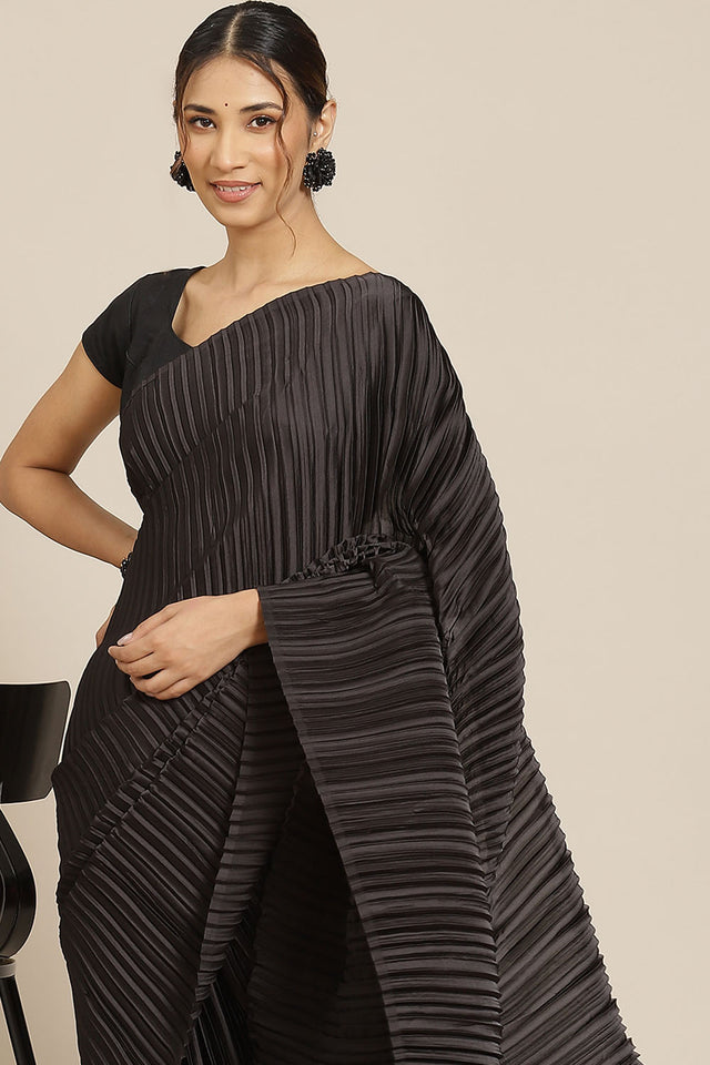 Black Solid Silk Saree