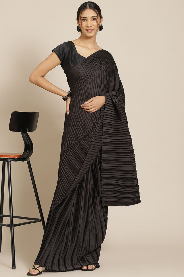 Black Solid Silk Saree