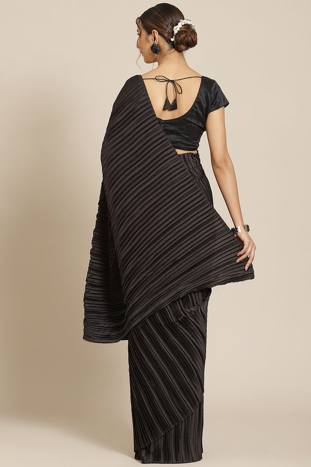 Black Solid Silk Saree